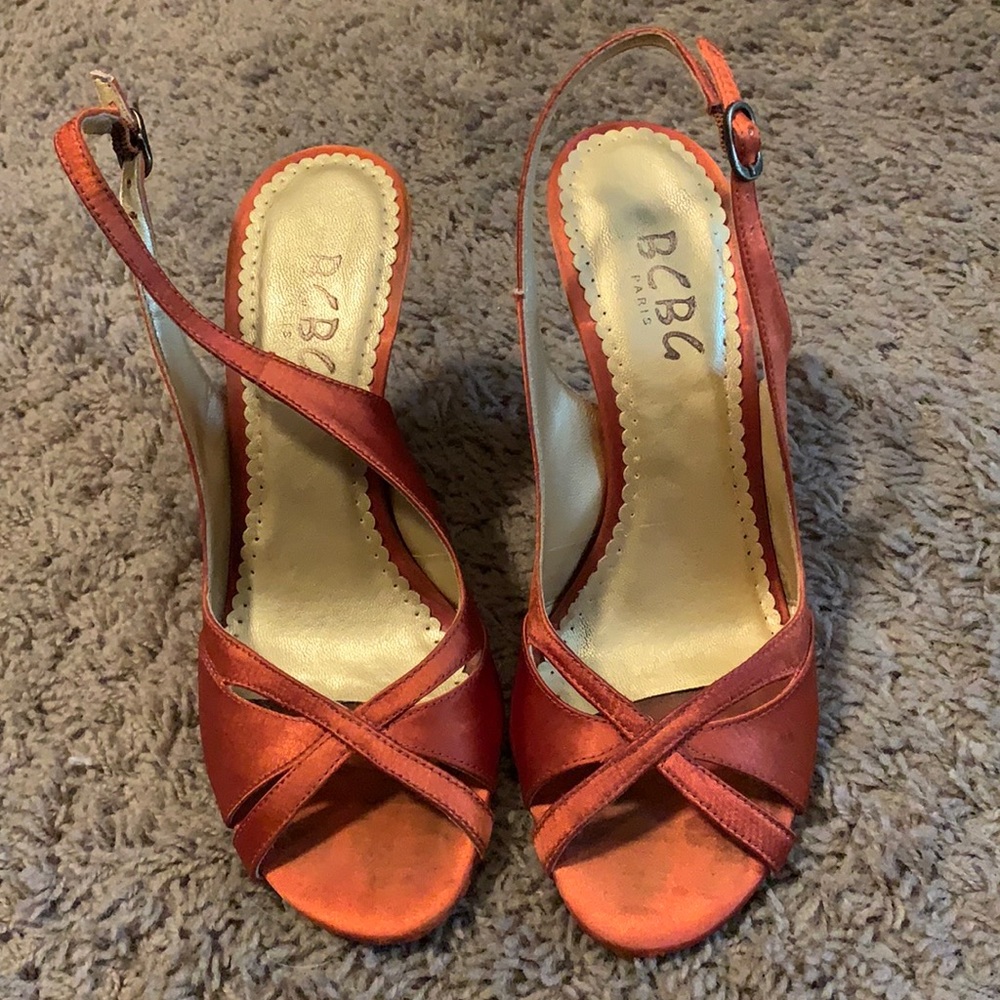 Bcbg satin wedge sling backs